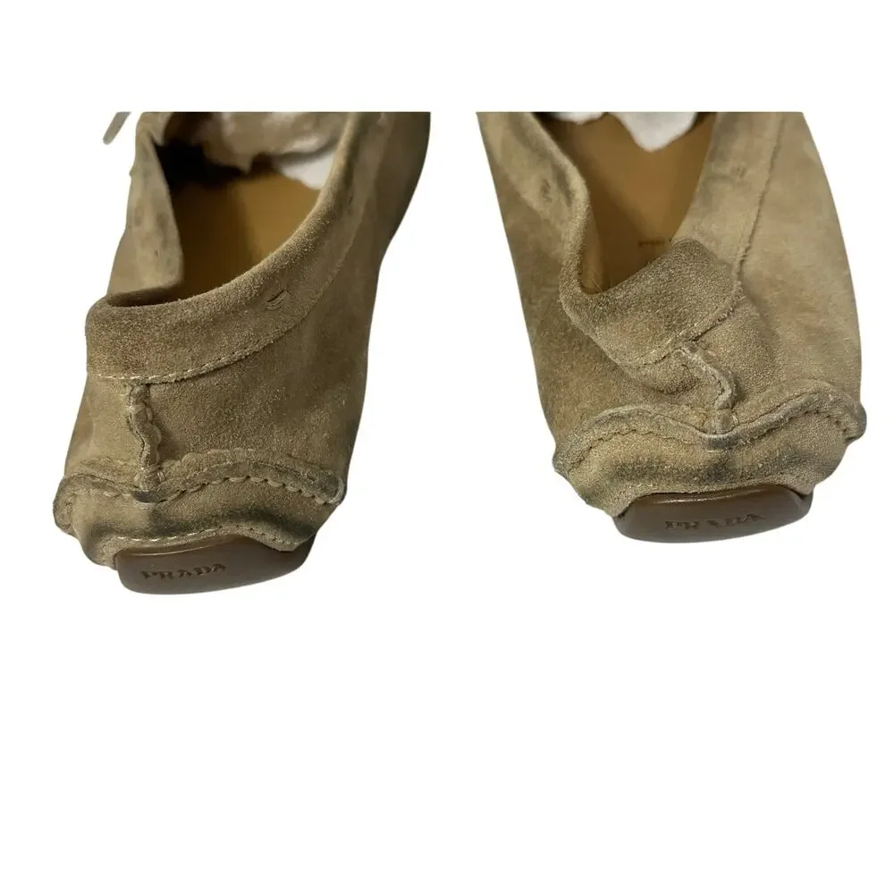 PRADA Driving Moccasins Beige Suede Rubber Sole Silver Buckle